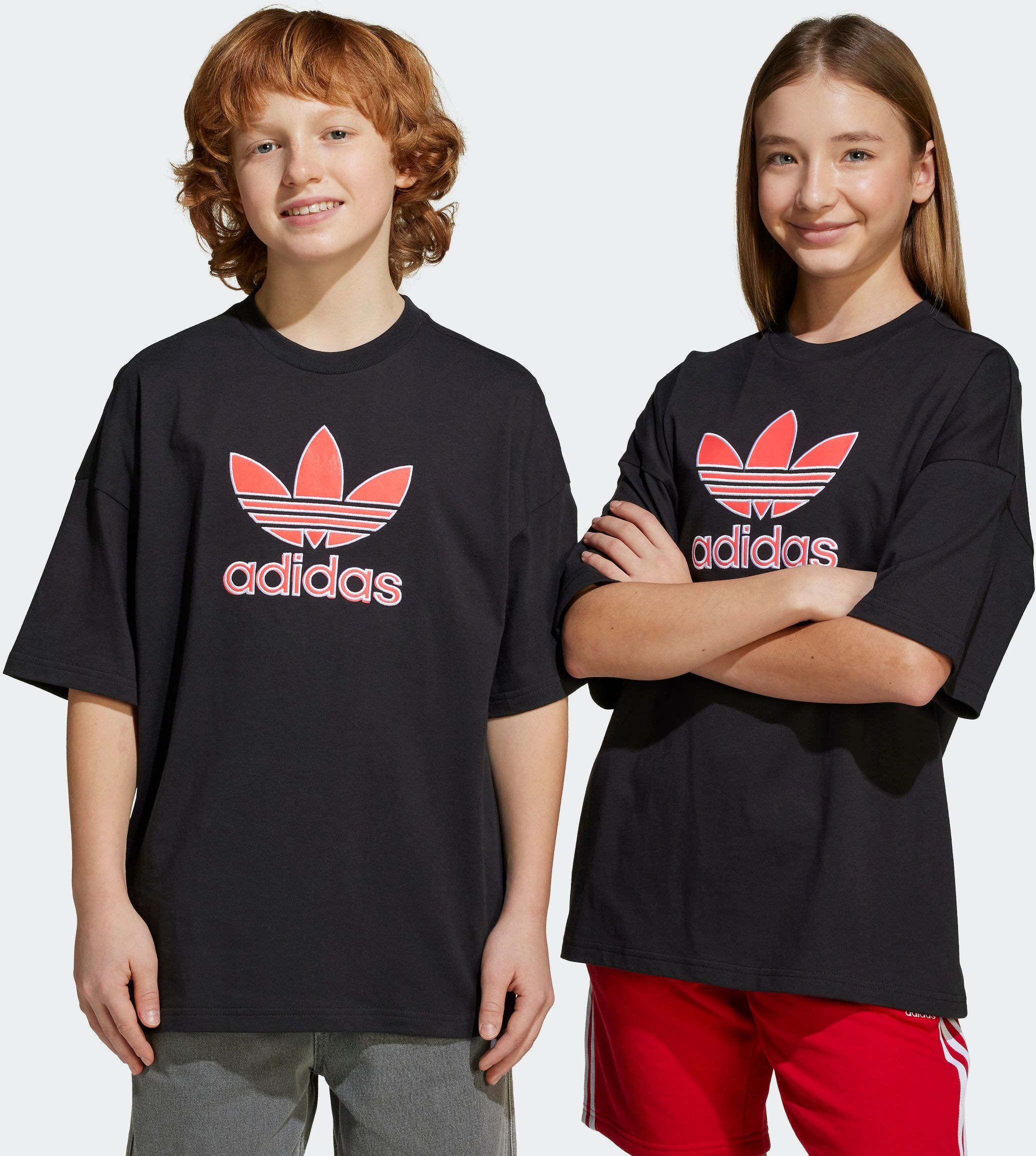 T-Shirt ADIDAS ORIGINALS "OVERSIZE TREFOIL", Jungen, Gr. 164, schwarz, Obermaterial: 100% Baumwolle, normal, Rundhals, Shirts T-Shirt, lockerer und lässiger Schnitt, für Kinder, mit grossem Trefoil-Logo schwarz 164