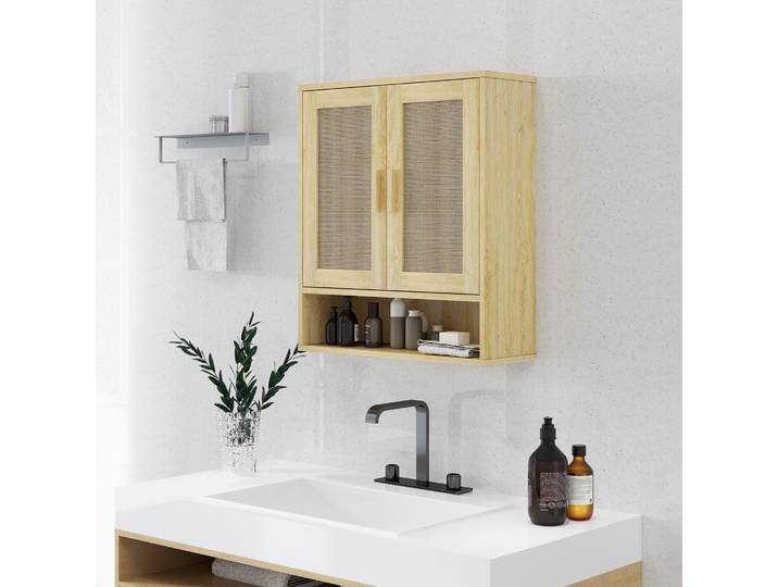 HOMCOM Meuble Mural WC Chêne 59x20x66,5cm avec Étagère