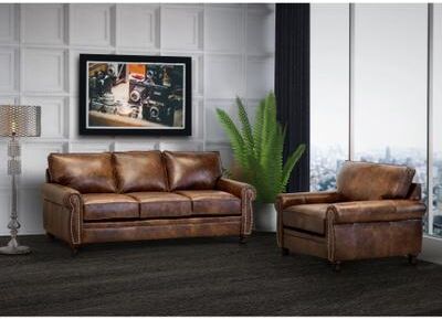 Made in USA Cabot Brown Top Grain Leather Sofa and Chair Set