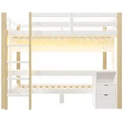 STILVORA Hochbett aus Kiefernholz in Natur/Weiß, 140x200/90x200 cm, mit Schubladen, Schreibtisch, LED
