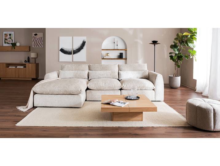 Ecksofa GAHAN mit Longchair Grau Chenille Gosia 293 x 91 x 165cm Longchair davorstehend links Modern