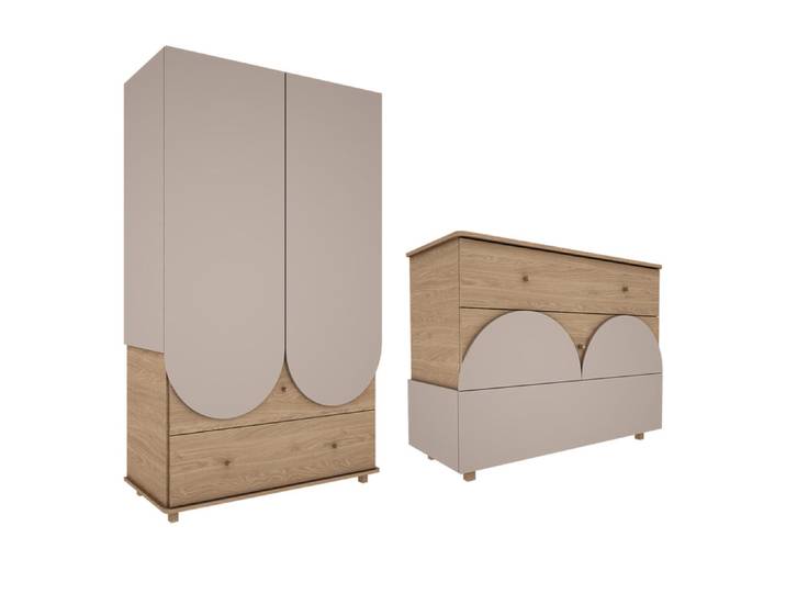 Commode 3 tiroirs et armoire 2 portes 2 tiroirs Wood Luck Bloom - Cachemire et Bois