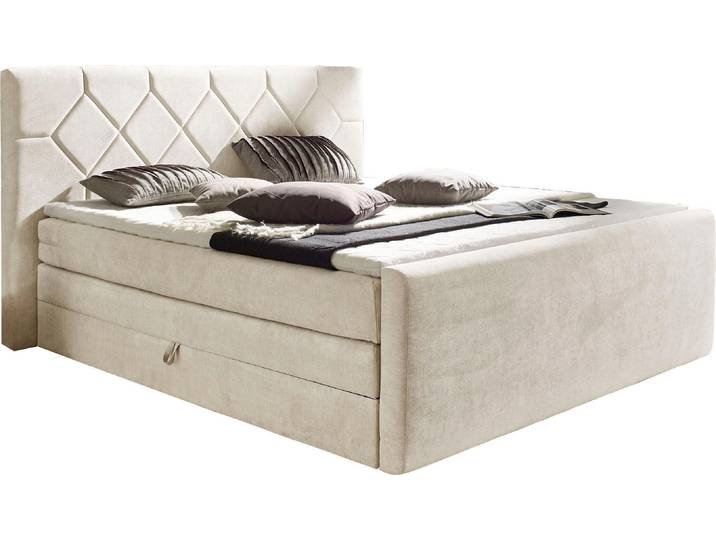 Boxspringbett, Massivholz & Kunststoff, Beige, 180×200 cm, Mit Bettkasten & Topper, Modern, Places Of Style
