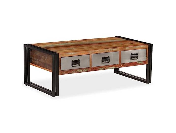 Tmriohed Couchtisch Altholz Massiv mit 3 Schubladen 100x50x35 cm Rustikaler Sofatisch aus Vintage Altholz mit Metallbeinen und Handarbeit für Wohnzimmer, Flur oder Loungebereich.