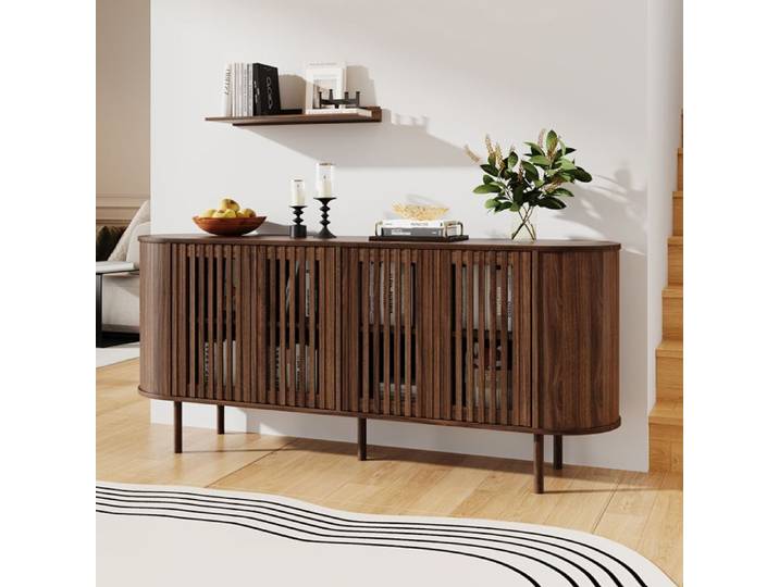 Buffet 160x40x70 cm avec 4 Portes Coulissantes Ajourées Étagères Réglables et Pieds en Métal - Effet Noyer