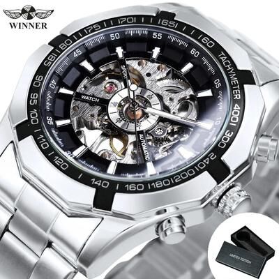 Uplifted Finds WINNER Classic Skeleton Watch For Men Luminous Mechanical Timepiece box Auto Silver Black