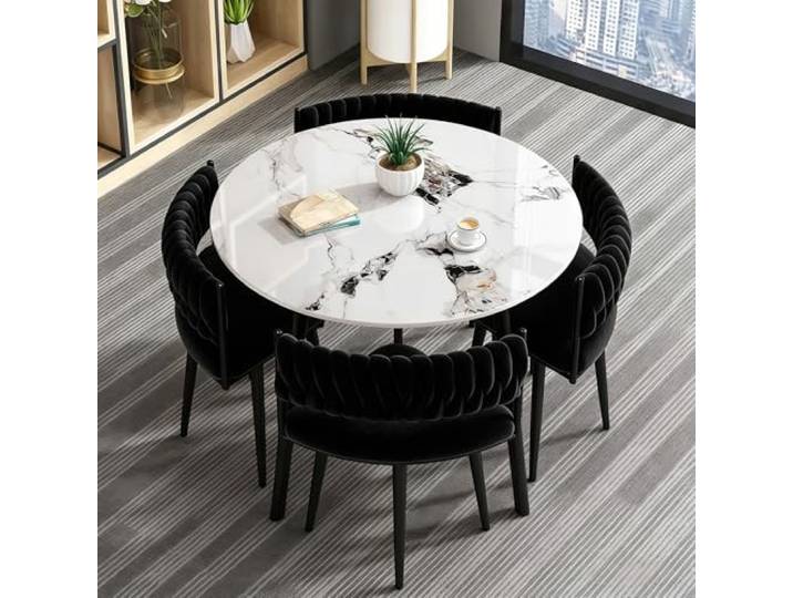 AMZSEW Esstisch und S1tühle Set 4, Tischplatte aus Kunstmarmor mit 4 gepolsterten Samtstühlen, Küchentisch-Set für Wohnung, für Esszimmer zu Hause und Café (Black+White)