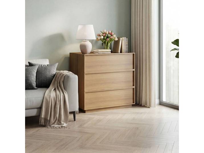 Commode - FUNMOON - Funmoon - 3 tiroirs - Chêne aspect bois - Tiroirs sans poignées