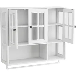 STILVORA Badezimmer Hängeschrank 88x26x83 cm mit 3 Türen Glasfront offenen Fächern Handtuchstange MDF Weiß platzsparend modern