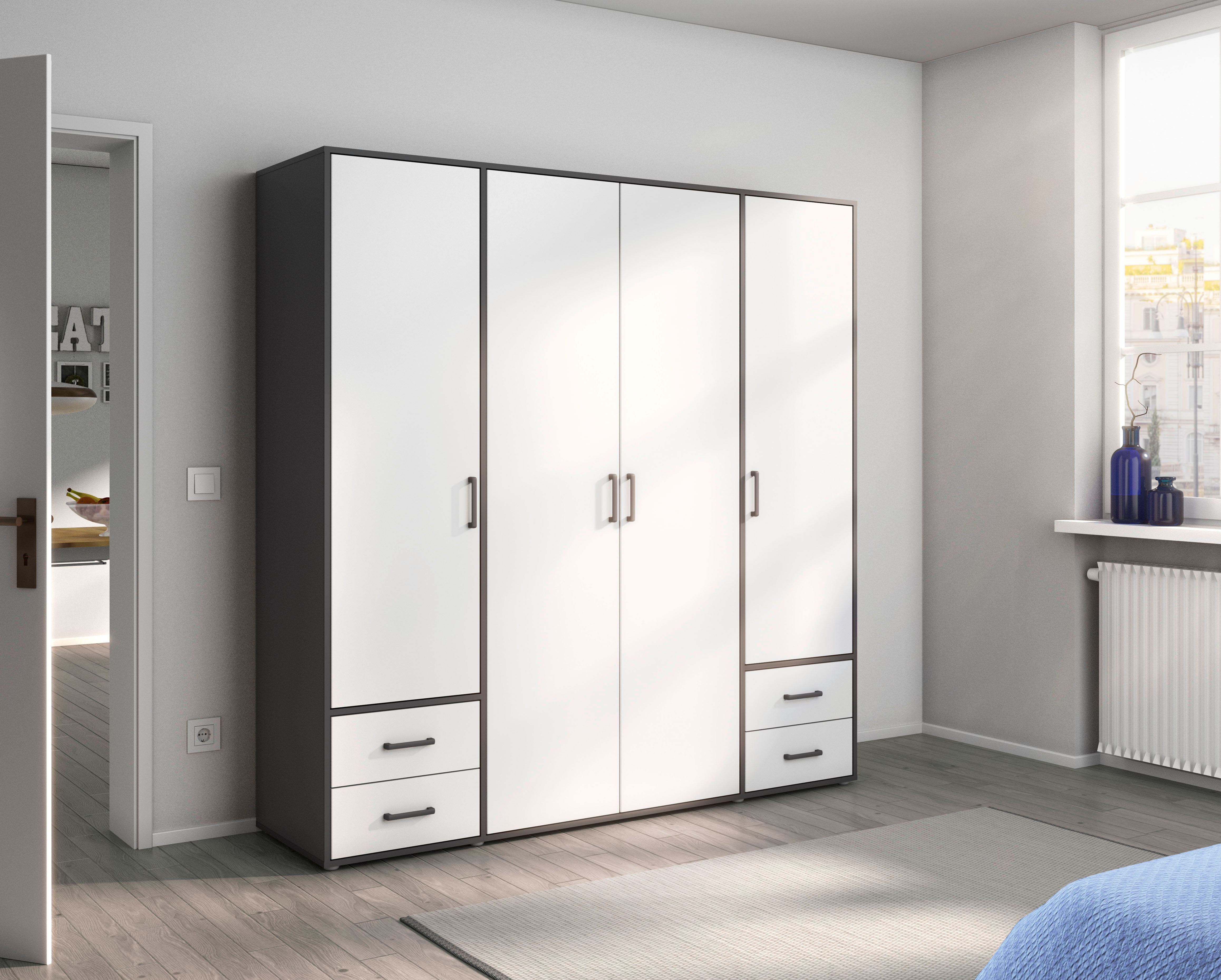 Drehtürenschrank RAUCH "Kleiderschrank Schrank Garderobe Wäscheschrank VOYAGER", grau (graumetallic, alpinweiß, griffe graumetallic), B:187cm H:194cm T:53cm, Holzwerkstoff, Schränke, Drehtürenschrank, mit 2 modernen Griffvarianten, mit Aussenschubladen MA