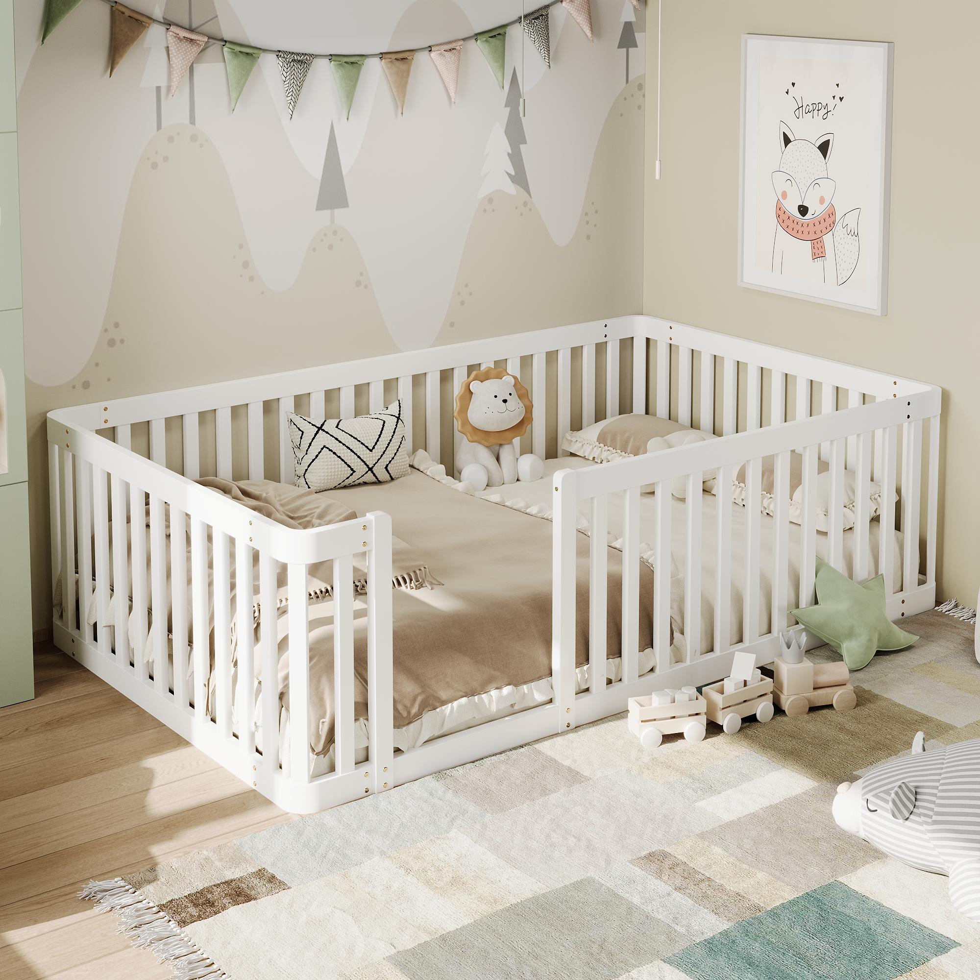 okwish Kinderbett 90x200 mit Matratze Einzelbett mit Zaunbett halbgeschlossen bodennahes bodennahes Holzbett Weiß