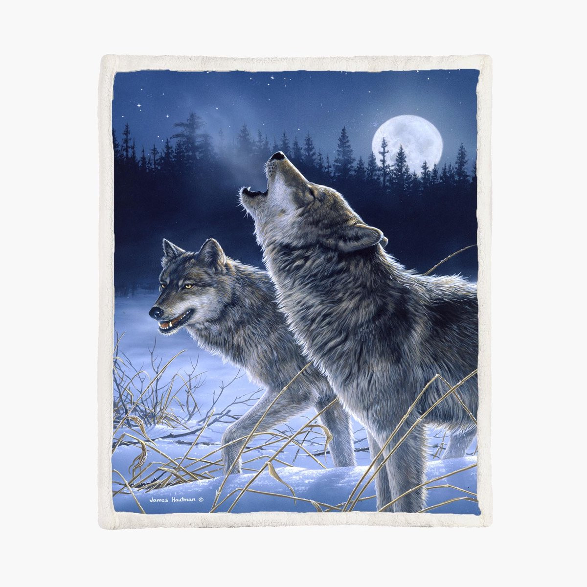 Fleece deken Howling In The Moonlight met wolven ontwerp B/D: 200 x 150 cm
