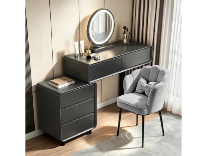 AUTUTB 100cm Schminktisch mit Spiegel & Stuhl, 40cm Verschiebbarer Schrank Große Frisiertisch mit 5 Schubladen, Moderner Schwarz, Einfach zu Montieren, 2-In-1 Schreibtisch für Schlafzimmer