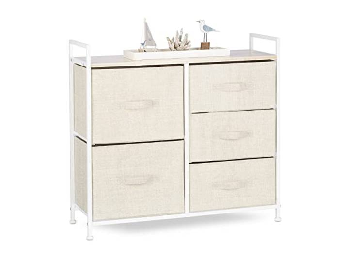 Relaxdays Regalsystem, 5 Stoff-Schubladen, universale Schubladenbox, beige