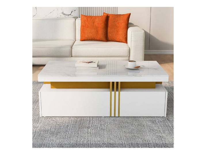 IDEASY Couchtisch Moderner Couchtisch Schubladentisch Rechteckig Hochglanz Marmor Optik (1 Tisch), Hochglanz, Metallumrandung, 2 Schubladen, 100x50x40cm