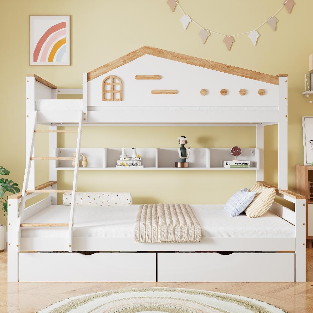 Etagenbett 90x200 und 140x200 aus Kiefer, MDF und Sperrholz in Weiß Natur, Kinder Etagenbett mit Schubladen und Fallschutzgitter