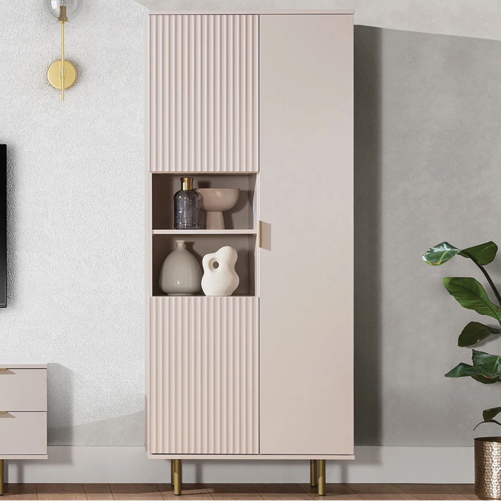 garneroarredamenti Credenza alta 80x190h cm 3 ante cannettato moderna beige Vanessa