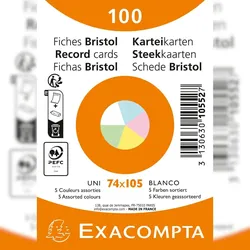 Exacompta 10552E 40x Karteikarten A7, Packung mit 100 Stück eingeschweißt, blanko, nicht gelocht, Farben sortiert - Farben sortiert