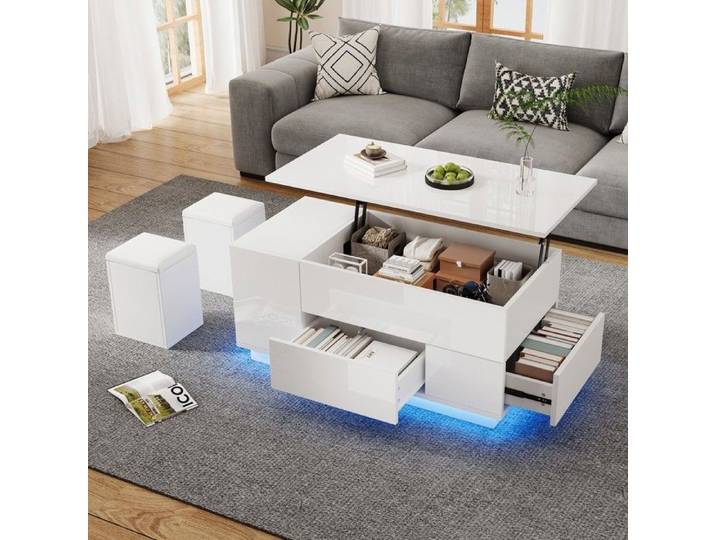Table basse - MINIMAL - MINIMAL HOME - LED réglable - 2 tiroirs - 2 tabourets