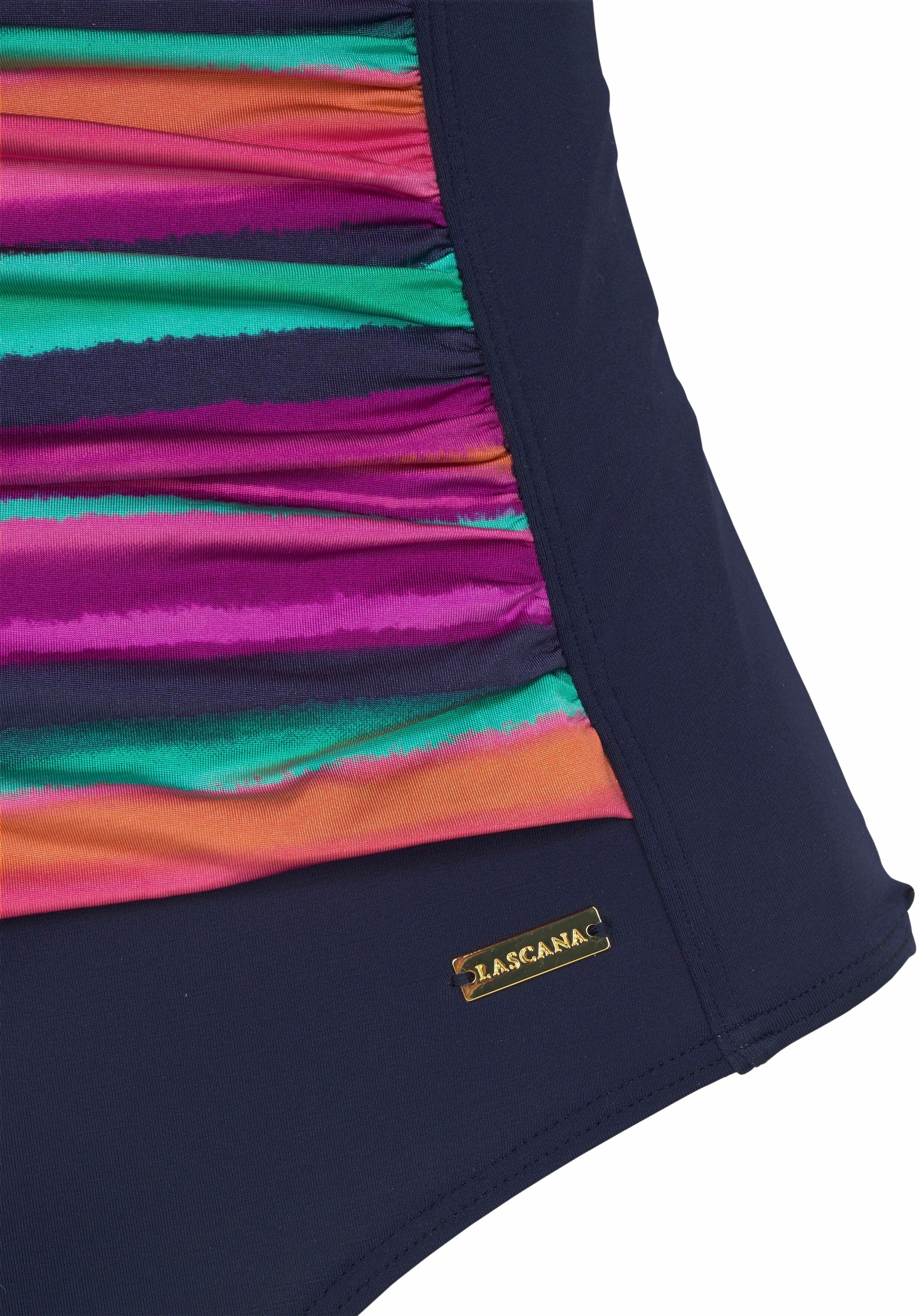 Badeanzug LASCANA "Rainbow", Damen, Gr. 46, Cup E, bunt (bunt, gestreift), Polyamid, gestreift, Badeanzüge Badeanzug, mit Vordermieder und Shaping-Effekt bunt, gestreift 46, Cup E