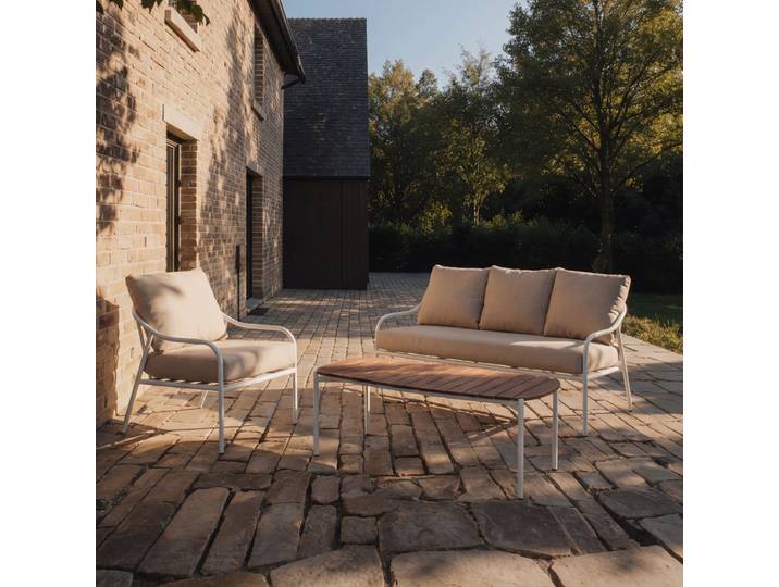 Gartenlounge aus naturfarbenem Stoff und weißem Metall, 4-Sitzer Luca - Beige