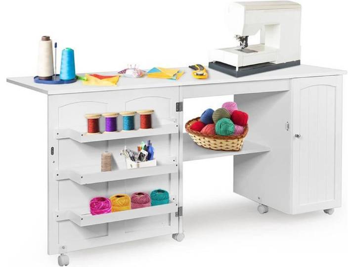 RELAX4LIFE Table de Machine à Coudre Pliable - 4 Etagères&Armoire Latérale - Armoire à Machine à Coudre - 6 Roulettes&Freins -Blanc
