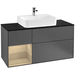 Villeroy und Boch Finion Waschtischunterschrank F162PCGK 120cm, Abdeckplatte black matt, Regal links Oak Veneer, Anthracite matt