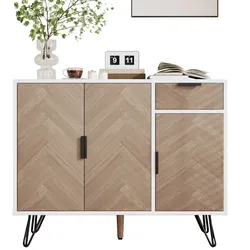 Sideboard 90x30x71 Weiß Holz mit Schublade 3 Türen Metallfüße Stauraum höhenverstellbare Regale Soft Close Aufbewahrung Wohnzimmer Flur
