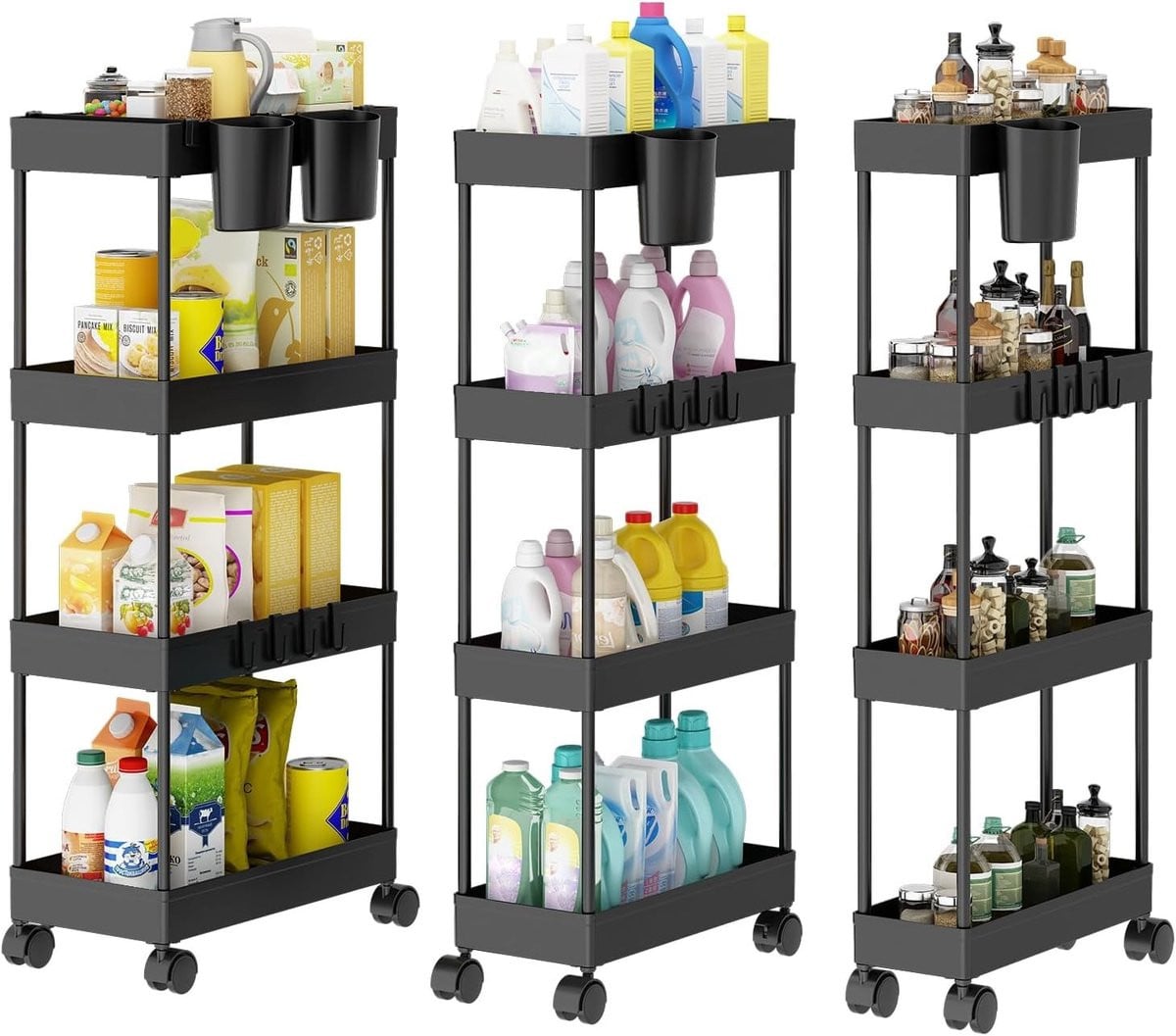 Mobiele Keuken Trolley op Wielen met 3 Extra Smalle Verdiepingen - Lichtgewicht Organizer voor Keukenaccessoires en Speelgoed - Zwart
