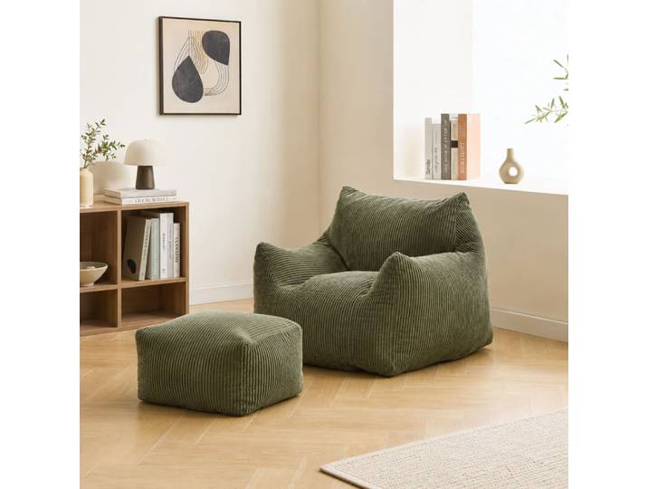 Pouf et repose pieds en velours côtelé vert