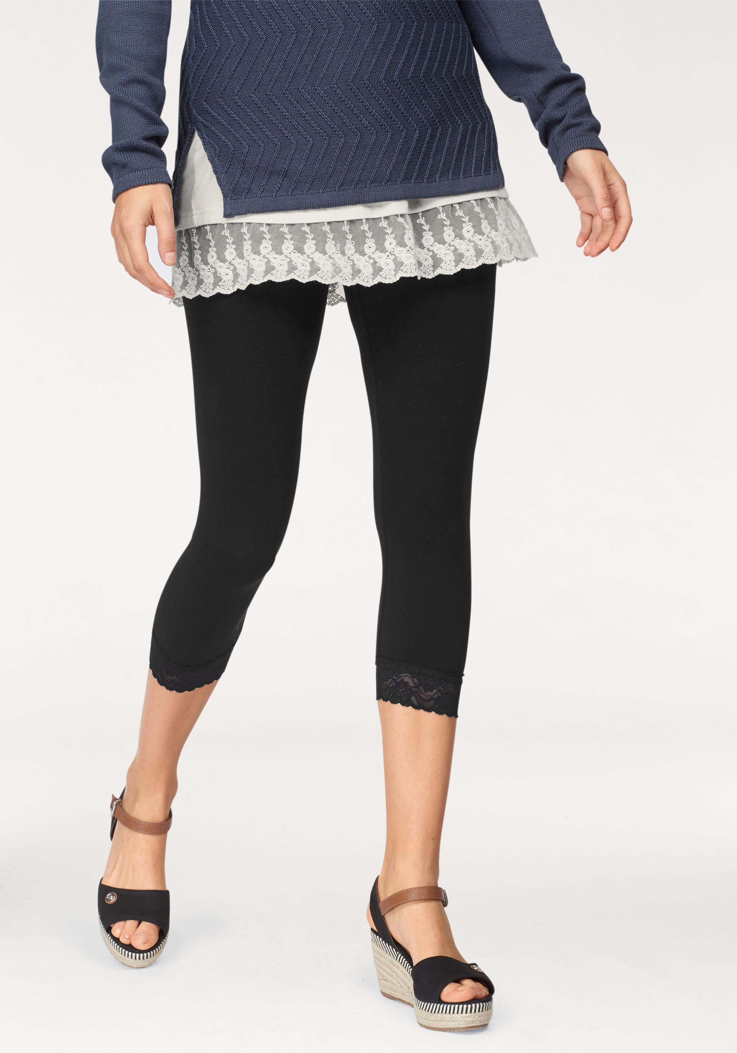 Leggings BOYSEN'S, Damen, Gr. 40, N-Gr, schwarz-weiss (schwarz, weiß), Jersey, Obermaterial: 95% Baumwolle, 5% Elasthan. Spitze: 95% Polyamid, 5% Elasthan, unifarben, Basic, schmal 3/4-Länge, Hosen Leggings, mit Spitze schwarz, weiß 40, N-Gr