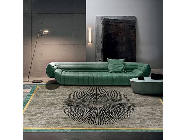 SRTJURFG Modernes Design Teppich Indoor & Outdoor, Rechteck Anti-Rutsch Teppiche Grüne Rand-Schwarz-Grau-Strahlen für Wohnzimmer Kinderteppiche Flauschige Groß Schutzmatten, 200 x 300 cm