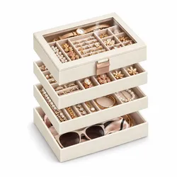 Karat Schmuckkästchen   Liana   Schmuckbox mit Glasdeckel & herausnehmbaren Ebenen   Cremeweiß