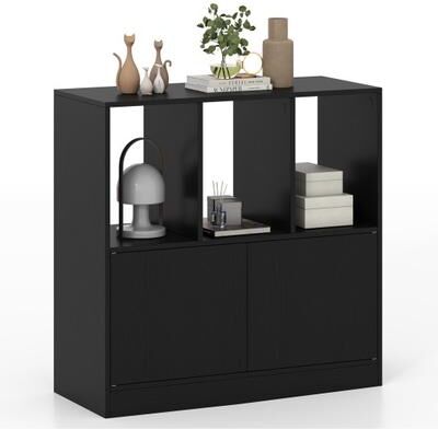 Costway 3-Cube Bookcase with Doors 3-Tier Cubic Bookshelf with Open Compartments and Cabinet-Black