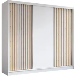 KLEIDERSCHRANK mit furnierten Schiebetüren und Aluminium-Leisten - LABELO - 240 cm Weiß+Weiß+Artisan