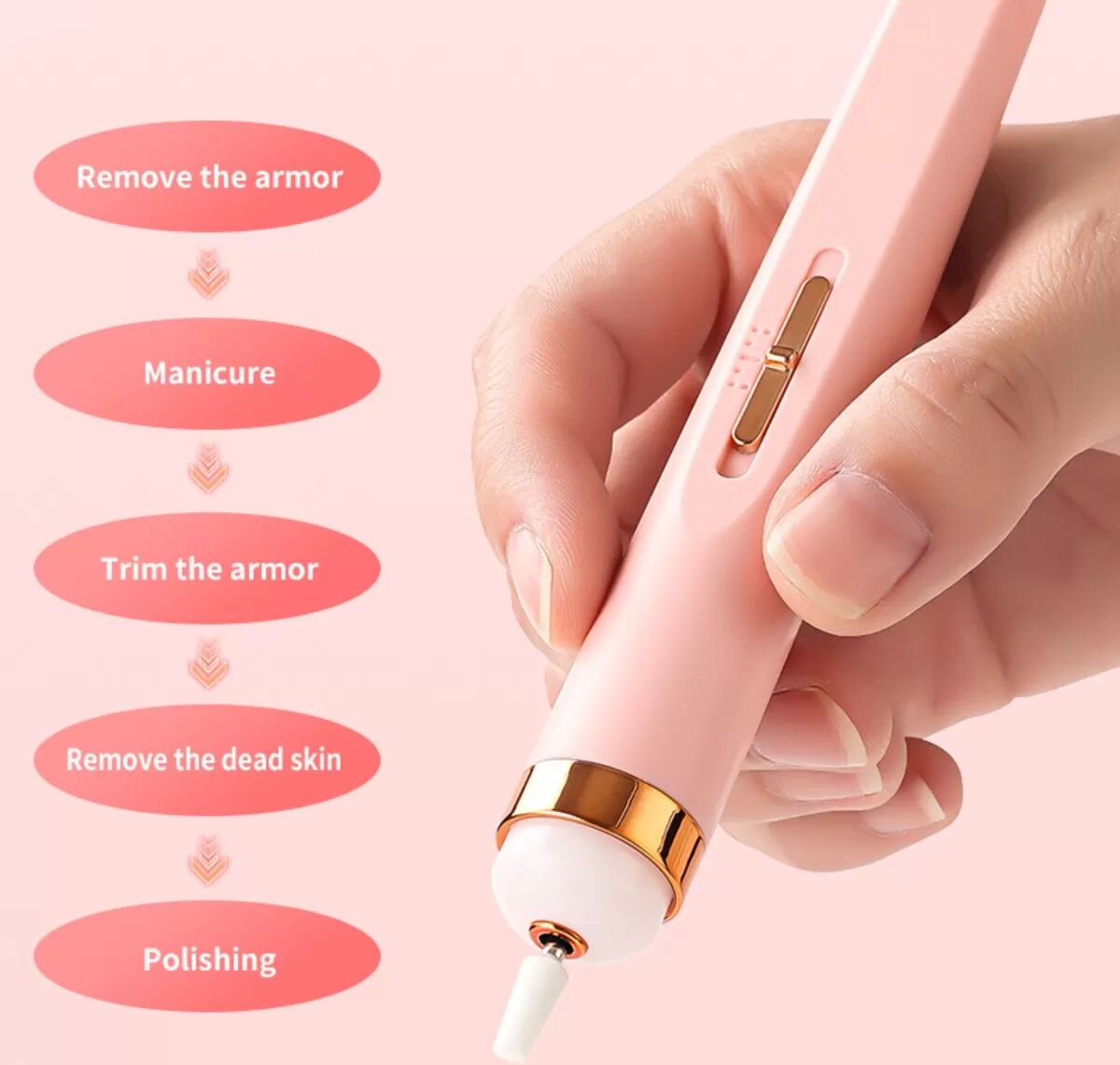 INF Tragbares 5-in-1 Elektrisches Nagelfeilen-Set - Maniküre-Stift mit 5 austauschbaren Fräsern zum Feilen, Entfernen der Rosa