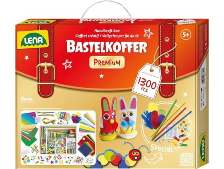 Lena 42663 Premium XXL Bastelkoffer mit 1300 Teile, Material zum Basteln, mit Moosgummi, Buntpapier, Perlen, Blumen, Pompon, Bänder, Knöpfe, Kulleraugen und vielem mehr, für Kinder ab 5 Jahre, Mittel