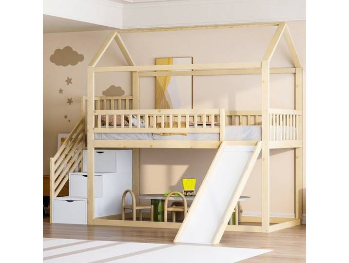 Lit mezzanine bois 90x200 sommier haute protection échelle rangement toboggan
