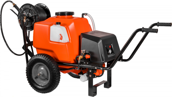 Batteriebetriebene Spritzpumpe Stocker 12 V 80 L art. 303 - Elektrische Spirtzpumpe auf Wagen mit Spritzgestänge und Anhängerkupplung