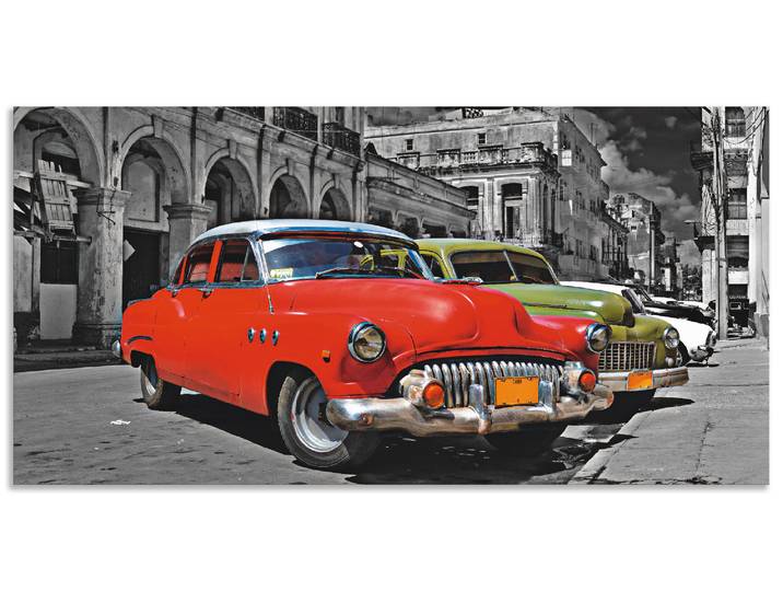 Alu-Dibond-Druck ARTLAND Ansicht von bunten Havanna Autos , rot (farbe bild(er): rot), B:40cm H:20cm, Bilder, Alu-Dibond-Druck, für Innen- und Aussenbereich geeignet, Outdoorbild