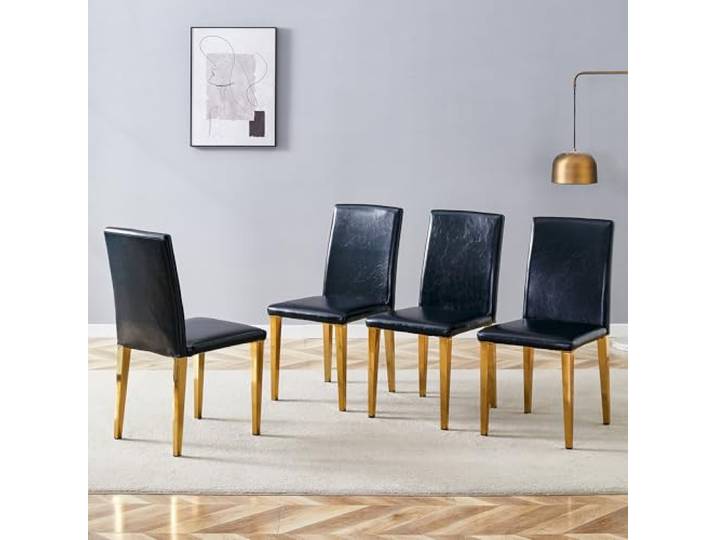 Bellemave Esszimmerstühle 4er Set, PU-Leder, Metallbeine, Schwarz und Gold Esszimmerstühle, mit rutschfesten Füßen, Küchenstühle, Polsterstühle, für viele Szenarien wie Esszimmer, Wohnzimmer u. v. m.
