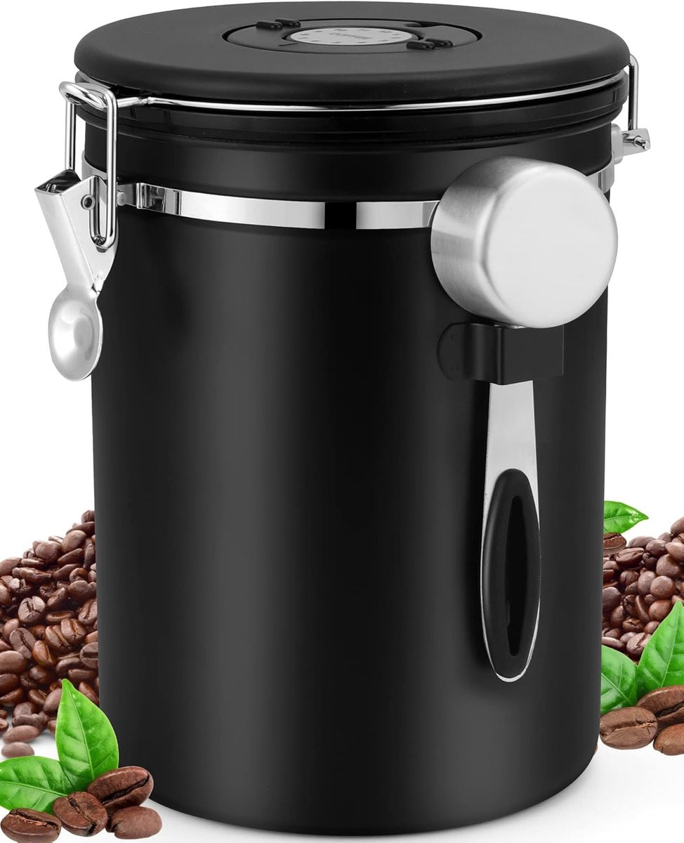 Luchtdichte koffiecontainer van roestvrij staal met datumindicator en zwarte maatlepel, 18 l, zwart