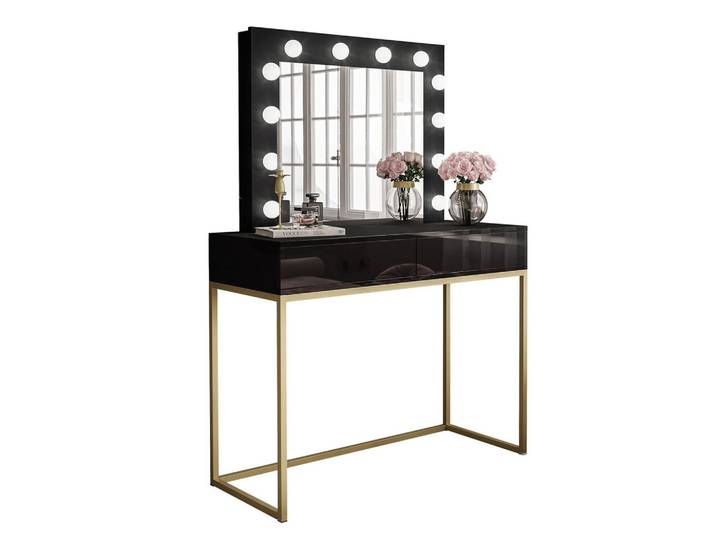 SCHMINKTISCH BLANCO GOLD mit Spiegel und Beleuchtung Schwarz PUSH OPEN
