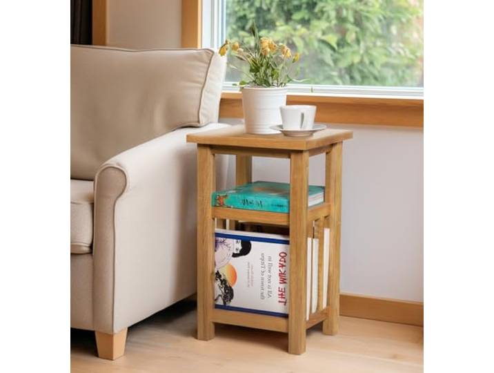 Hallowood Furniture Waverly Stehtisch Eiche Hell Eiche Kaffee oder Beistelltisch mit Ablage und Schlitz-Design Zeitschriftenständer Massivholz Kompakt Schlafzimmer Wohnzimmer Möbel