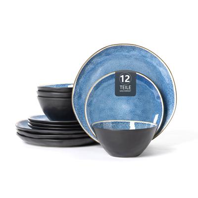 Tafelservice OTTO HOME "Teller Set, Service Allden", blau (blau, schwarz), 12, Steinzeug, Geschirr-Sets, Tafelservice, Teller Set, jedes Stück ein Unikat, 12 Teile, für 4 Personen