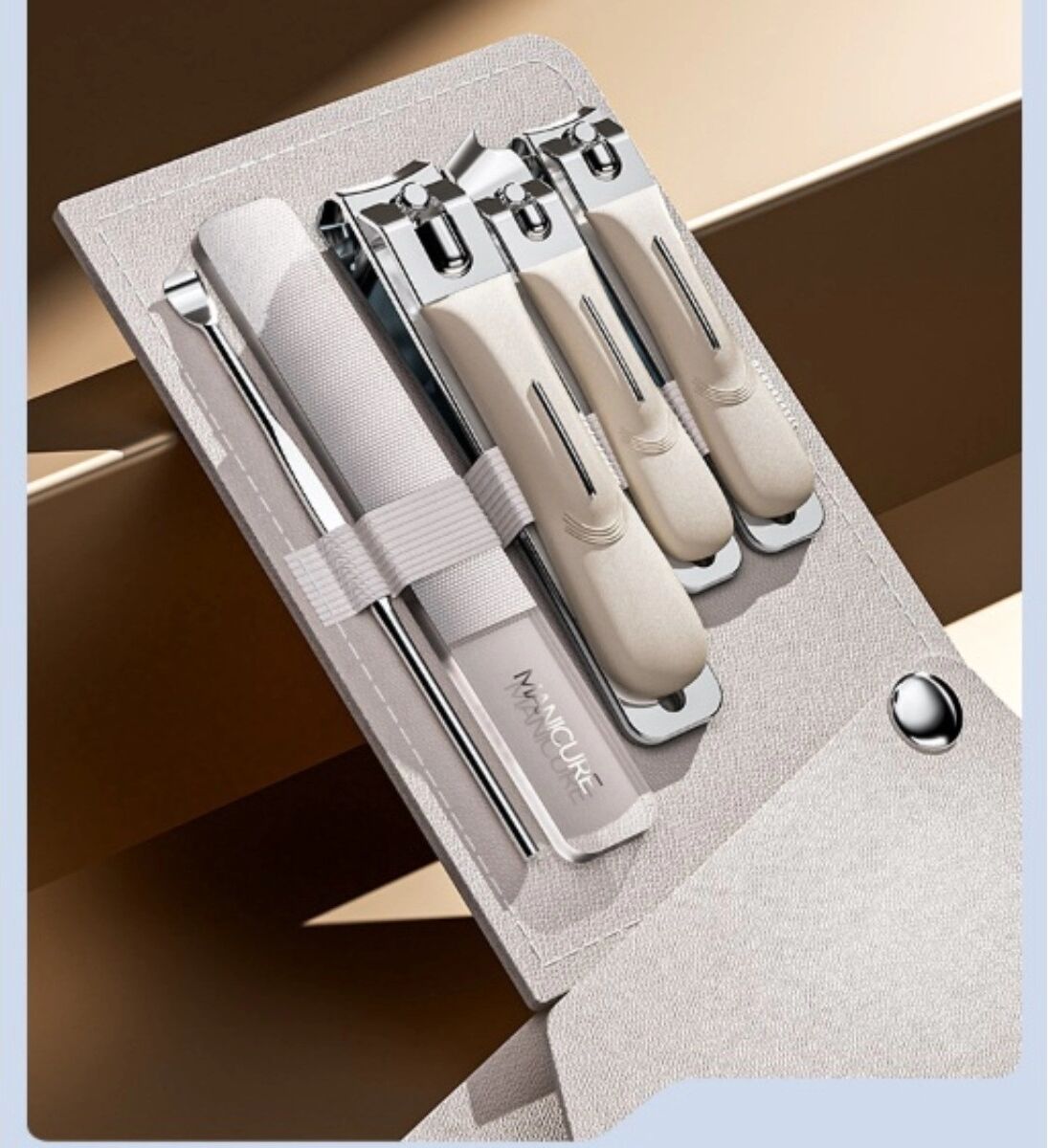INF Tragbares 5-teiliges Edelstahl-Nagelknipser-Set – Schrägschliff Präzision, Reise-Maniküre-Kit cremefarben