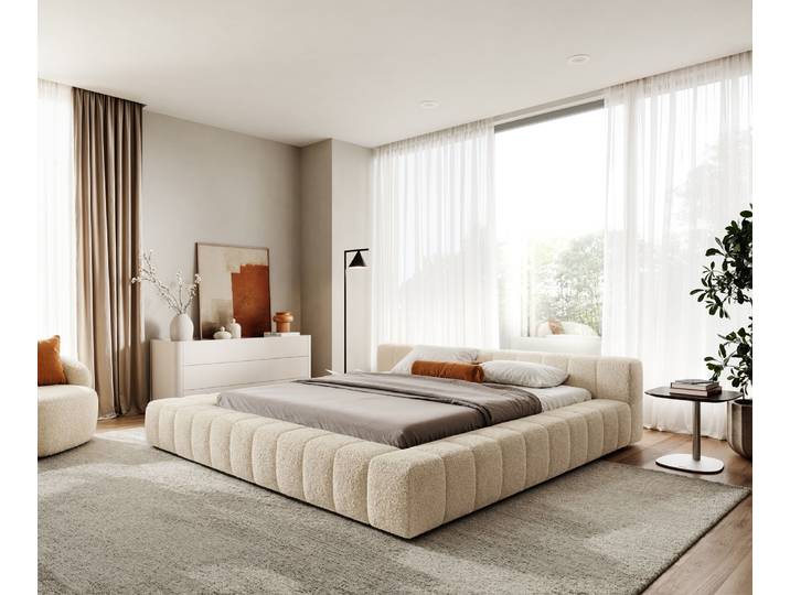 Polsterbettgestell Espazio 180x200 cm Teddystoff Beige mit Stauraum, Polsterbetten