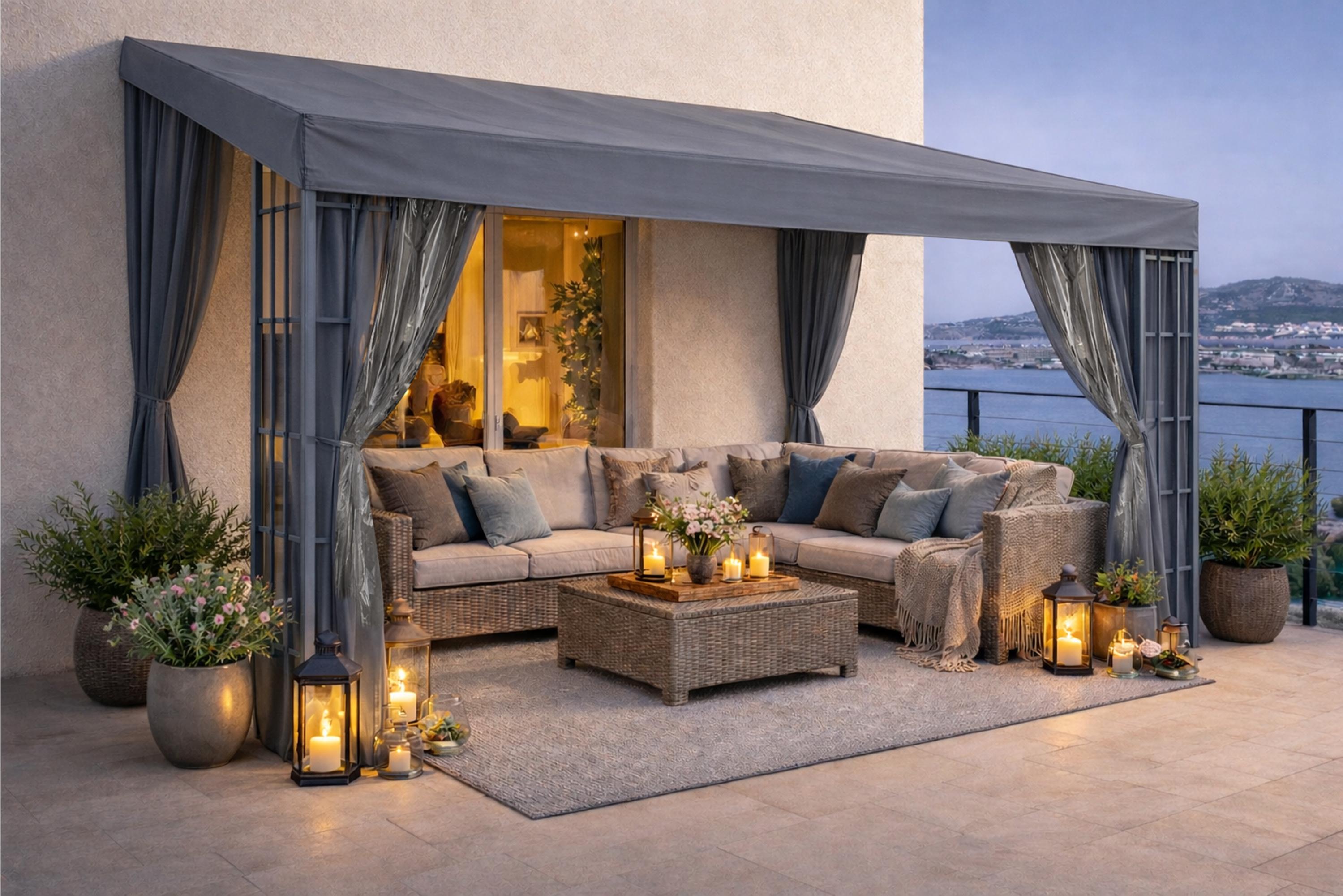 Rank Anbau 3x4m Anthrazit mit 3 Seitenteilen Anbaupavillon Terrassendach