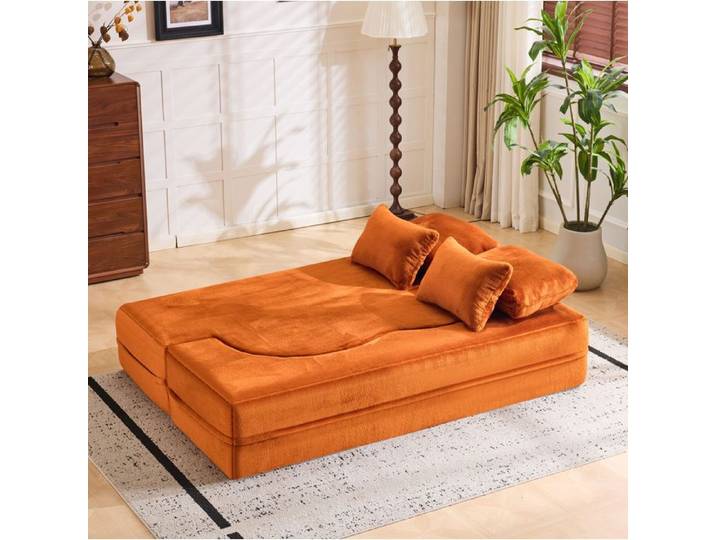 Grand canapé de sol orange 4 coussins inclus flanelle moelleuse mousse HD matelas pliant aucun montage requis