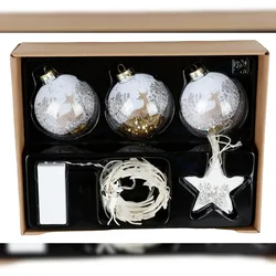 Deko-Geschenkset Baumschmuck Rentier 10tlg Glaskugeln, Lichterkette und Anhänger